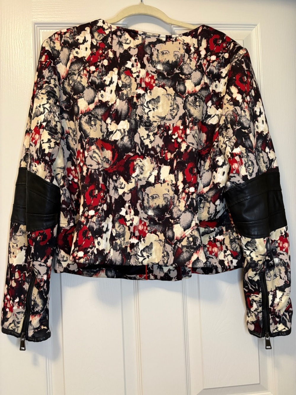 Modamix Red Black Cream Abstract Floral-Print Moto Jacket - Picture 2 of 8